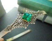 Vintage style Victorian filigree emerald green glass jewel headband--OX aged sterling silver plated brass