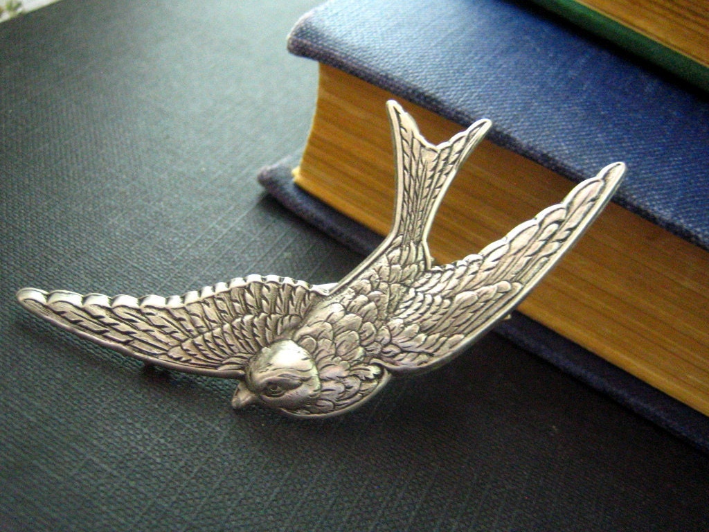 Large antique silver brass flying bird alligator hair clip in ox antique sterling silver plated brass