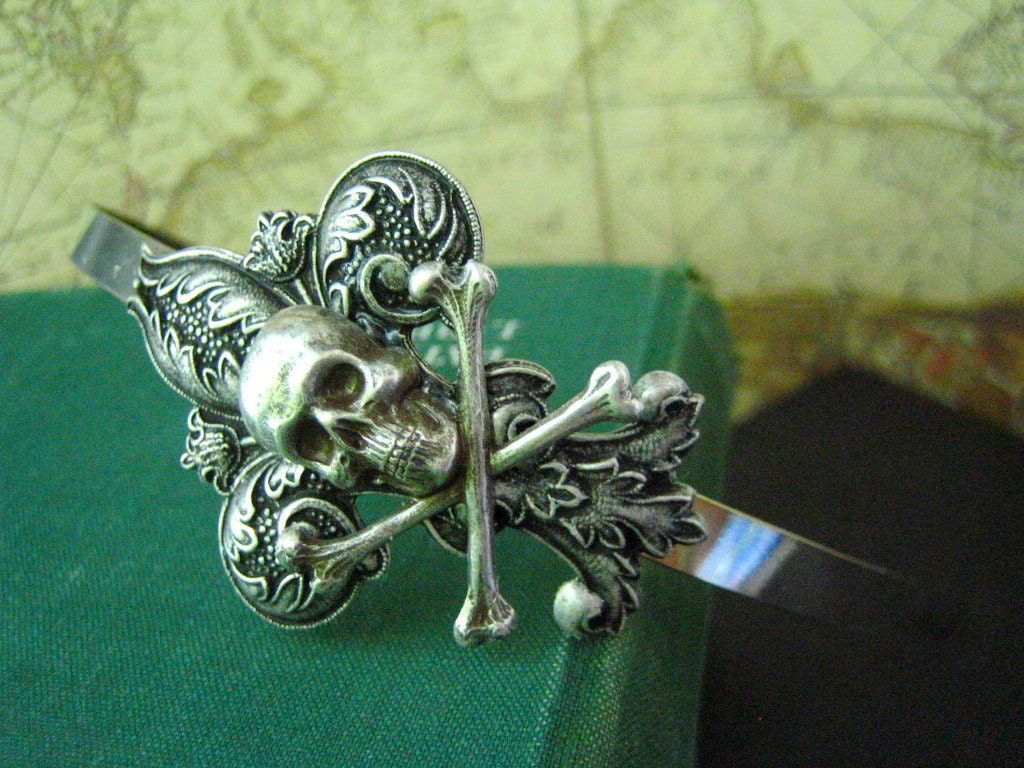 Vintage style french fleur de lis skull gothic headband--OX sterling silver plated brass,H516
