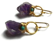 rough Amethyst drop earrings, gold tone semi precious gemstone earrings, raw amethyst earrings, birthstone earrings
