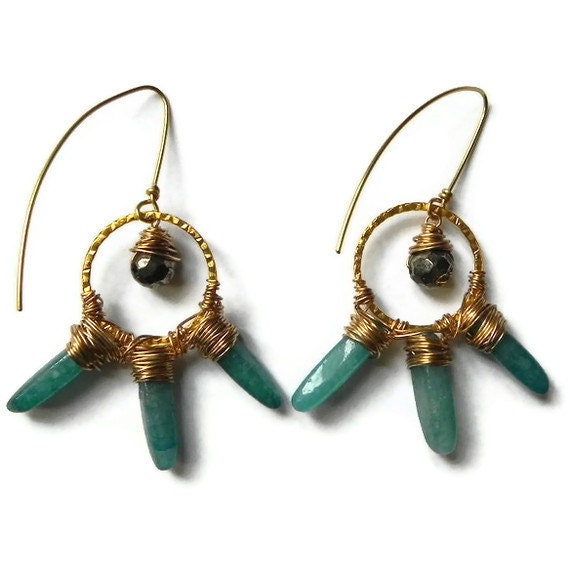 modern beadwork earrings, Pyrite drop earrings, modern agate drop earrings, aqua earrings, hoop earrings