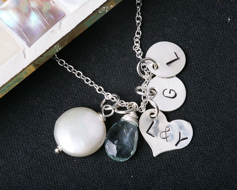 Monogram necklace,2 Birthstones,Initial necklaces, family necklace, Anniversary,birthday gift,Grandmother gift