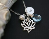 Lotus necklace,Customize monogram initial birthstone sterling silver necklace,pearl,wedding jewelry,bridesmaid gifts,birthday,flower girl