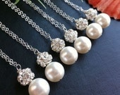 12% OFF,Set of 6,Bridesmaid Necklace,Crystal Rhinestone and pearl Sterling Silver Necklace,Wedding Jewelry,Wire Wrapped pearl,