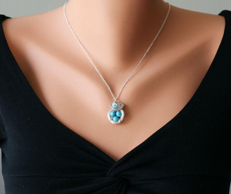 Original Signature Design,Lovely Bird and blue turquoise sterling silver chain Nest Necklace