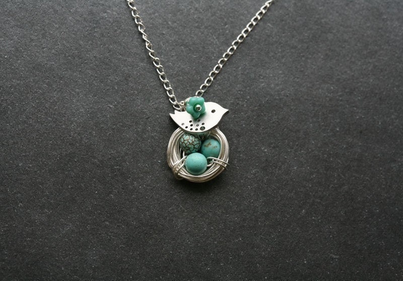 Original Signature Design,Lovely Bird and Nest Turquoise Jasper Eggs sterling silver Necklace