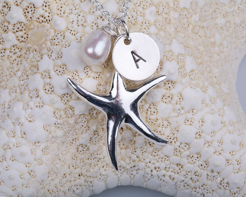 set of 5,starfish necklace,Custom Initial,wire wrapped Pearl,bridesmaid gifts,wedding jewelry,bridal jewelry gift,beach theme