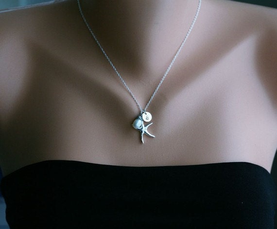 set of 5,starfish necklace,Custom Initial,wire wrapped Pearl,bridesmaid gifts,wedding jewelry,bridal jewelry gift,beach theme