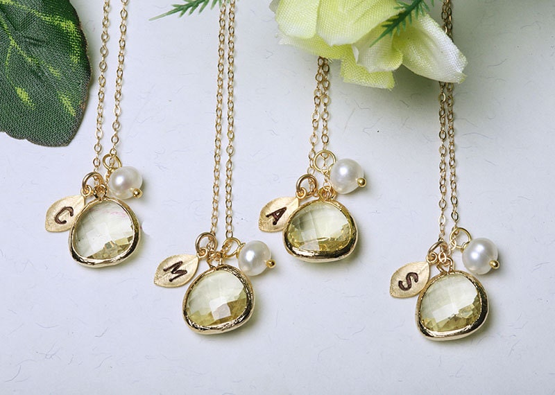 Bridesmaids gifts,Set of 4,Leaf initial,Initial Necklace,Gold Filled,Wedding Jewelry,Bridal jewelry,Custom Initial