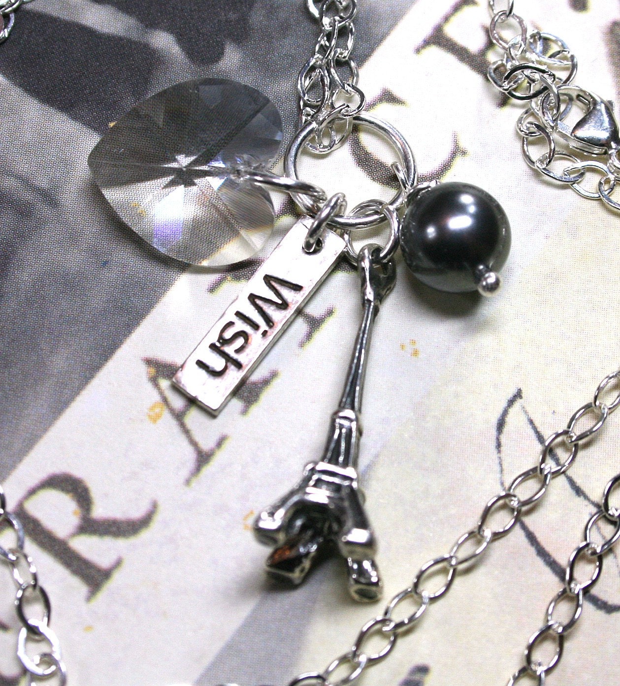 SALE- A Paris Wish Charm Necklace - Eiffel Tower Necklace - Sterling Silver and Swarovski Crystal - Free Shipping