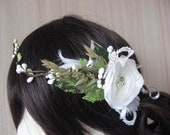 Halo fascinator headband tiara crown bridal vintage wedding whimsical headpiece ivory green key lime brown lace burlap berry wreath diadem