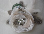 Headpiece fascinator  autumn fall shabby rustic burlap wedding Harvest Flower ivory beige sand silver lace pearls Peacock bride bridesmaid