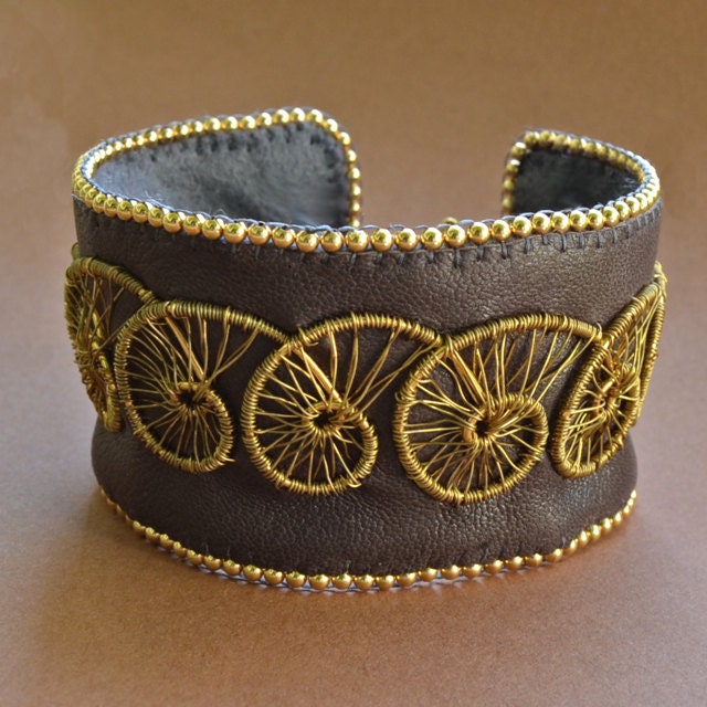 wire woven spiral and leather bracelet