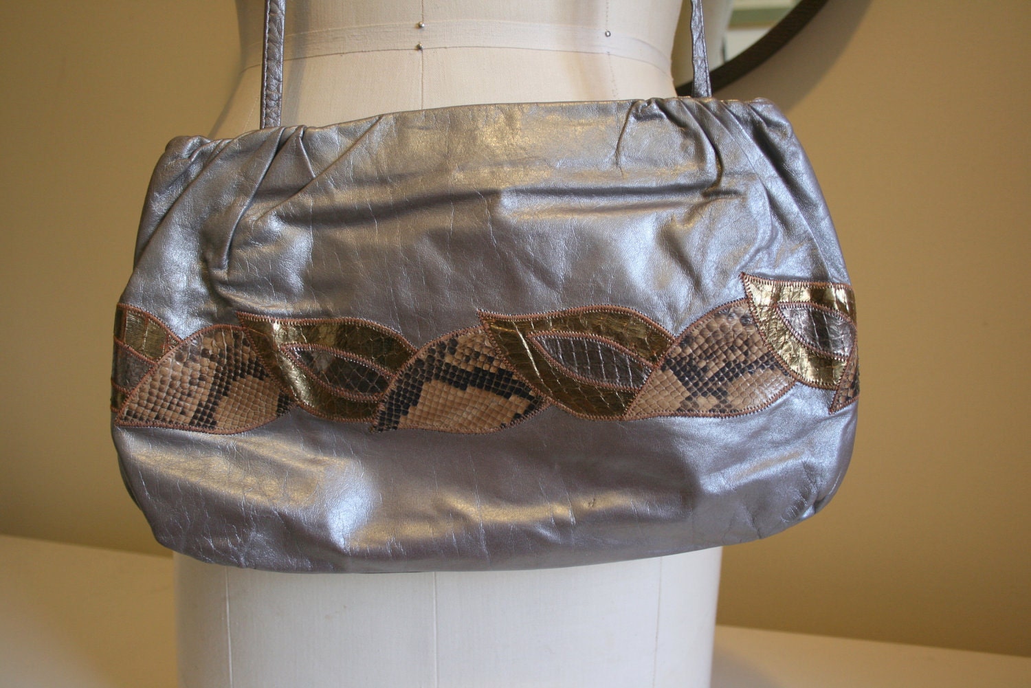 Vintage metallic grey leather purse with snake skin accent