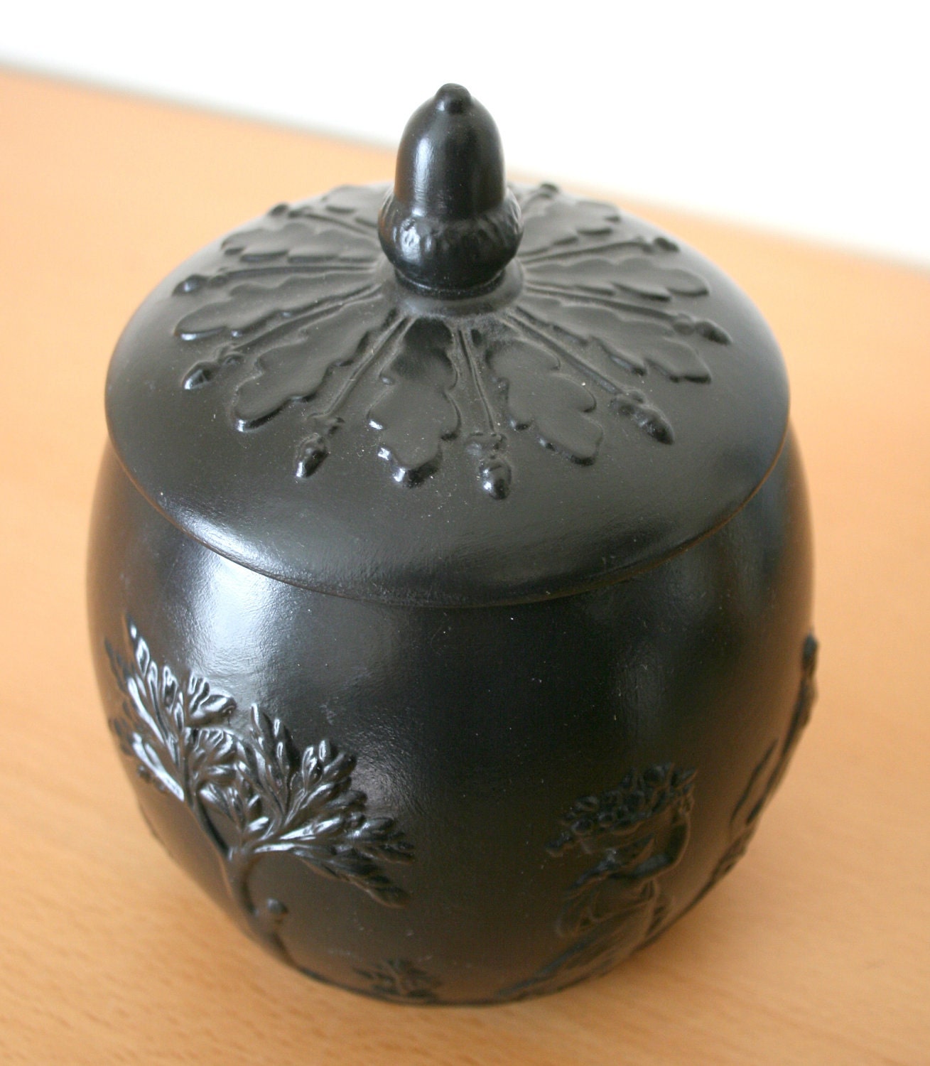 Black Ceramic Jar with Embossed Grecian Figures