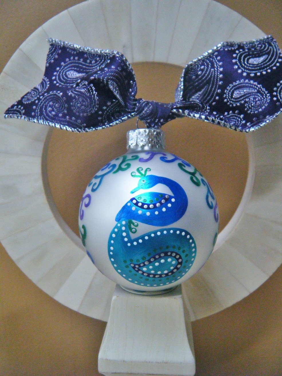 Peacock Ornament - Personalized for Wedding or Birthday or Christmas - Hand Painted Glass Ball
