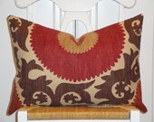 Decorative Pillow Cover - 14 x 20 - Suzani - Throw Pillow - Accent Pillow - Lumbar - Brown - Dark Red - Tan