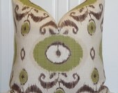 Decorative Pillow Cover - 18 x 18, 20 x 20 or 22 x 22 - Throw Pillow - Accent Pillow - Pear Green - Brown - Natural - IKAT