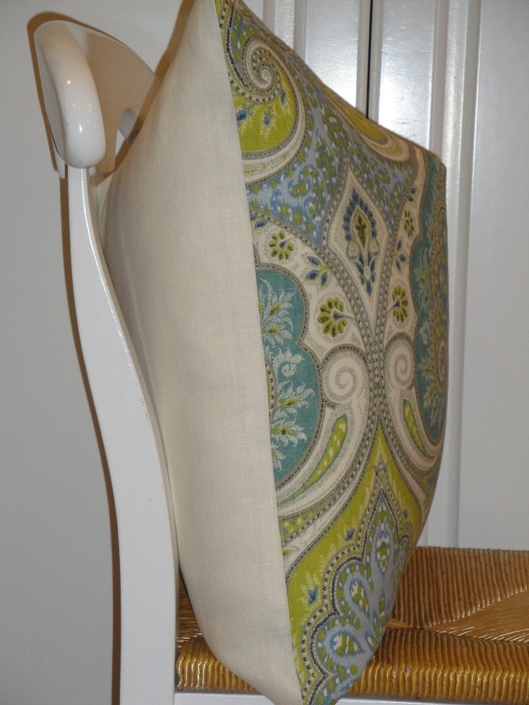 KRAVET - Decorative Pillow Cover - 20 x 20 - Throw Pillow - Accent Pillow - Aqua - Lime Green - Light Blue - Paisley - Ikat
