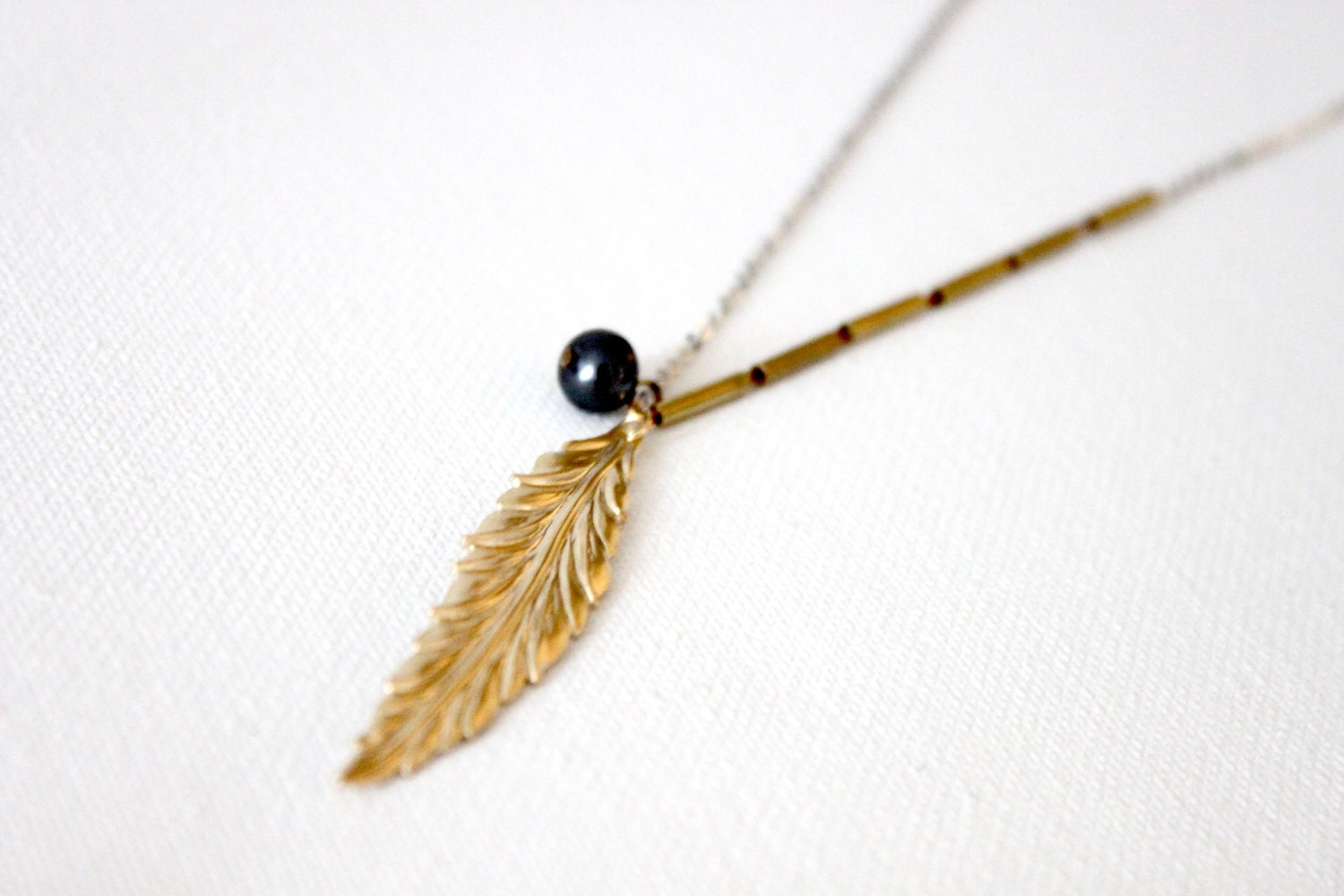 Long Metal Feather Necklace with Vintage Bead Accent