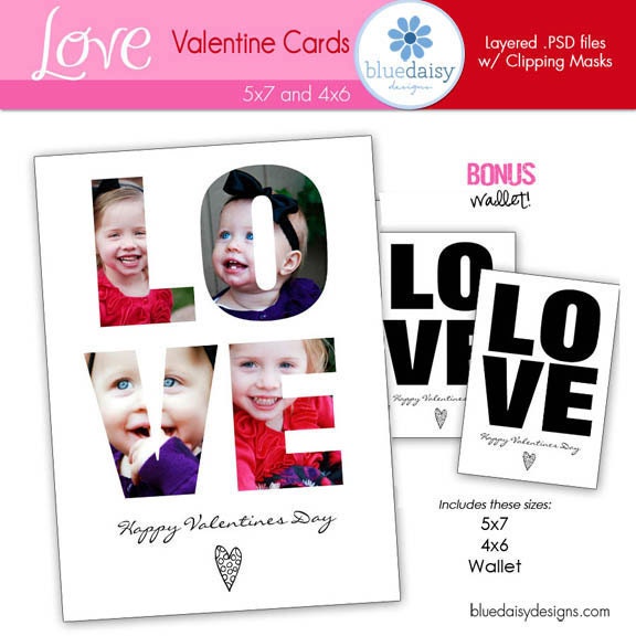 LOVE Valentines Card Custom Photo 4x6 and 5x7 BONUS WALLET Size - Photographer Templates