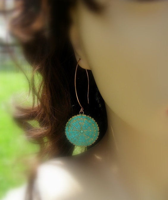 Earrings Garden Gate Collection. Aqua Patina Verdigris brass medallion earrings