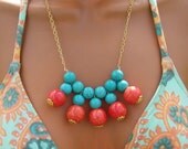 Stone Turquoise bib necklace with orange ceramic beads. Tropical Native.