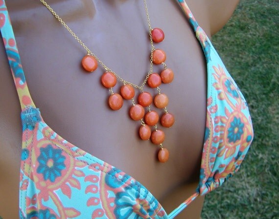 Orange Stone Bib Necklace. Orange quartz cascade drapery necklace. Fashion.