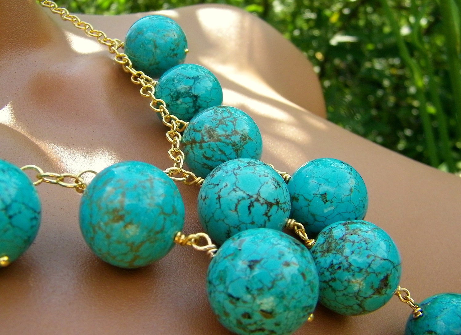 Statement Turquoise Bib Necklace. Turquoise Bubbles. Large Stone Beads.