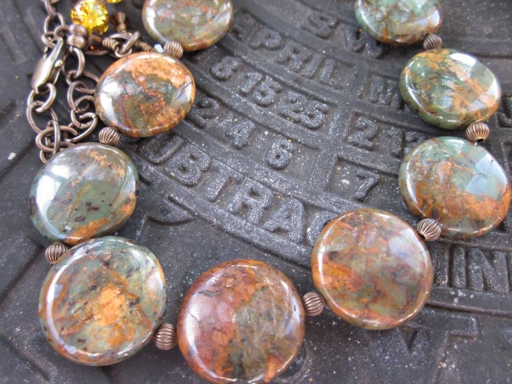 All Over the World-Copper Green Opal, Swarovski Crystals, Czech Beads & Antiqued Brass Necklace