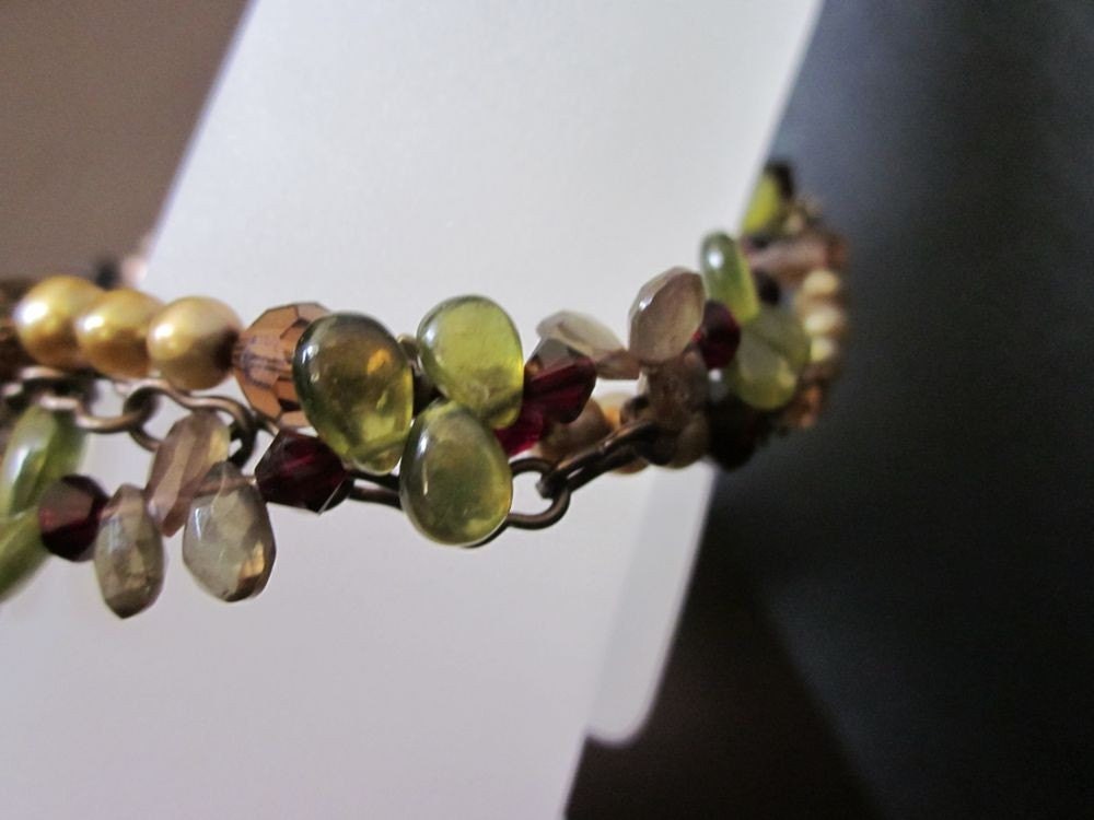 Artemis-Saki Shibuichi Toggle, Vessonite, Andalusite, Freshwater Pearls, Swarovski Crystals, Antiqued Brass Bracelet