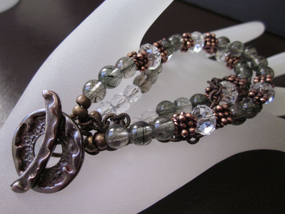 Saki Silver Shibuichi, Rutilated Green Amethyst, Swarovski Crystals, Antiqued Brass & Antiqued Copper-Flora Bracelet