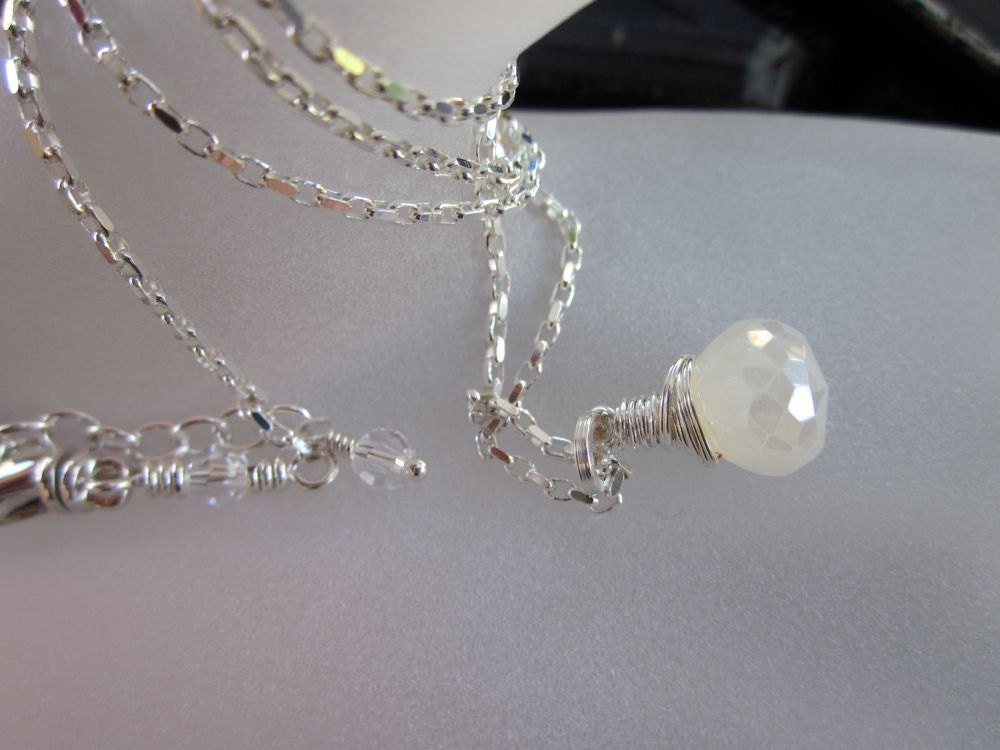 Pearl Chalcedony Onion Briolette, Fine Silver Wire-Wrapped, Sterling Silver-Wintry Whites Necklace