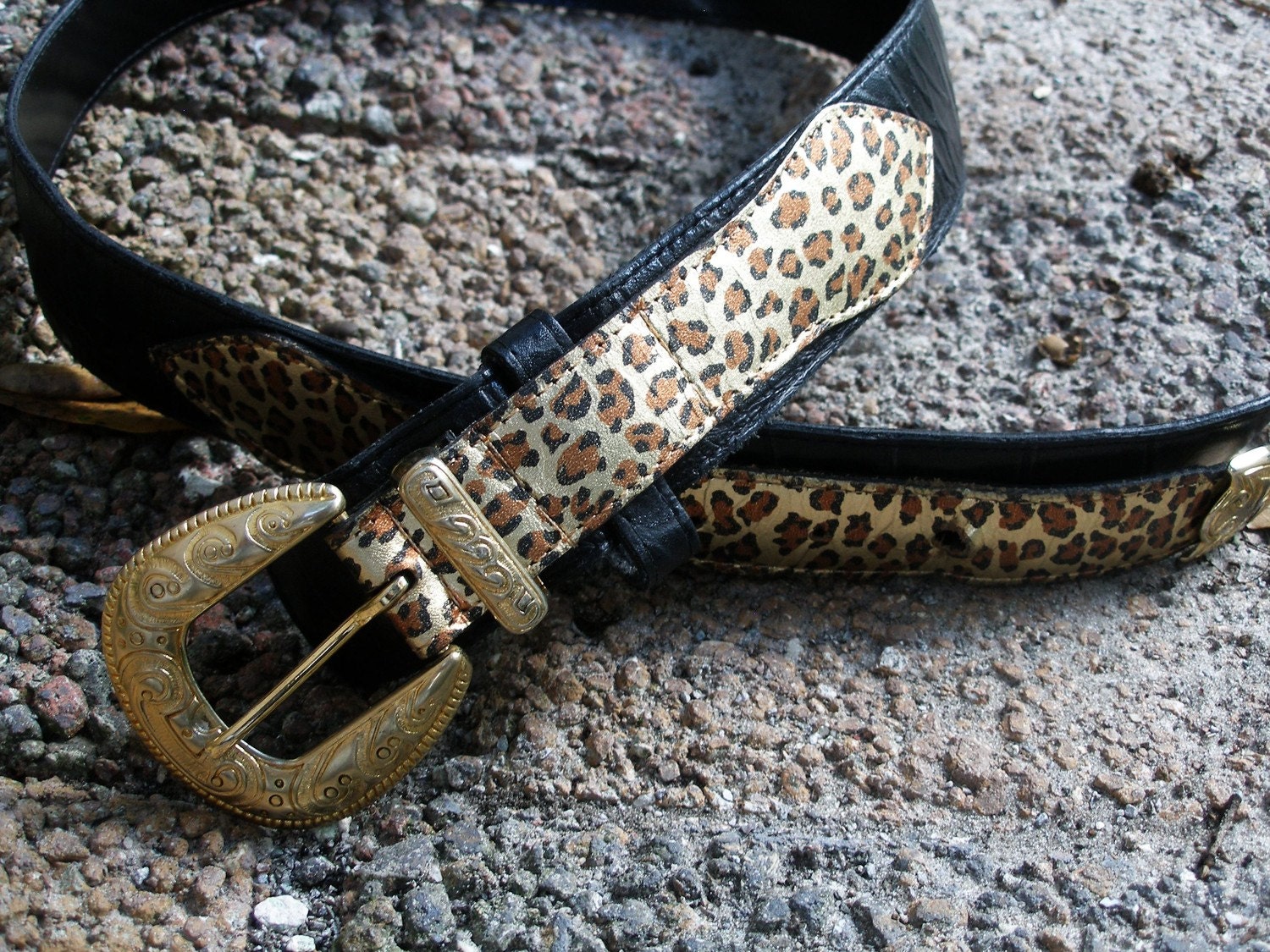 SALE Black Leather Belt with Leopard Print Detail and Gold Buckle/Accents