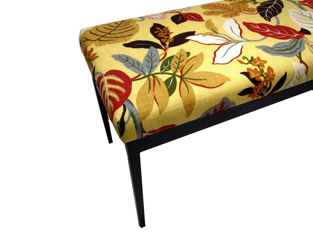 Contemporary Upholstered Bench:  Bedroom Bench in bright yellow floral cotton fabric
