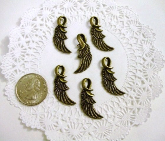 Lot of 6 Wing Charms - Antiqued Brass- Double Sided