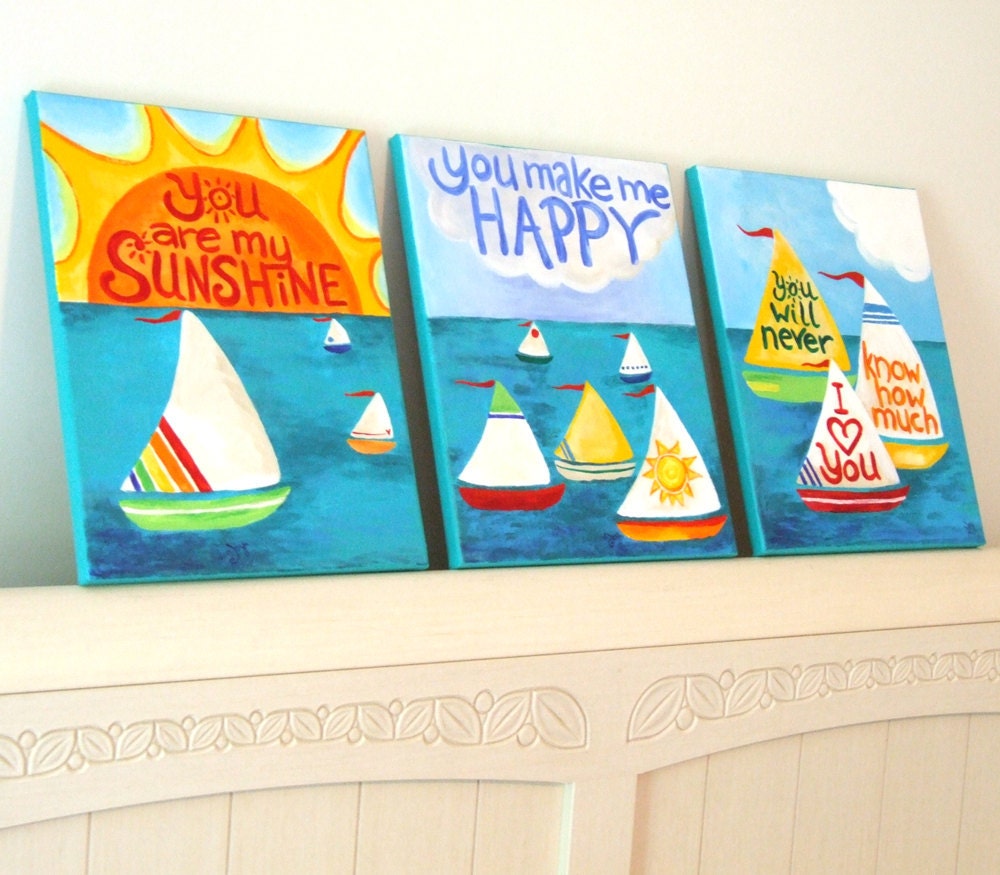 CUSTOM Childrens Wall Art, YOU Are My SUNSHINE, 3 Sailboat Paintings,11x14, Art for Kids Room