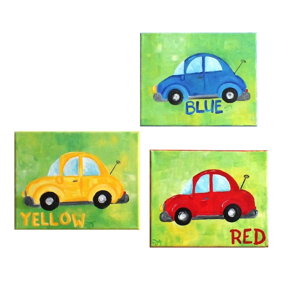 Wall Art for Children, COLORFUL CARS, Set of Three 8x10 original canvas paintings, Red, Yellow and Blue Car Art for kids rooms.