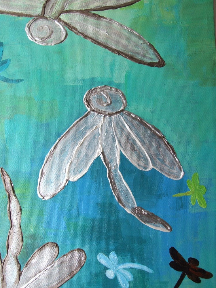Abstract Painting, DRAGONFLY PANEL, 10x30 Acrylic Canvas, Sliver art for office or home decor