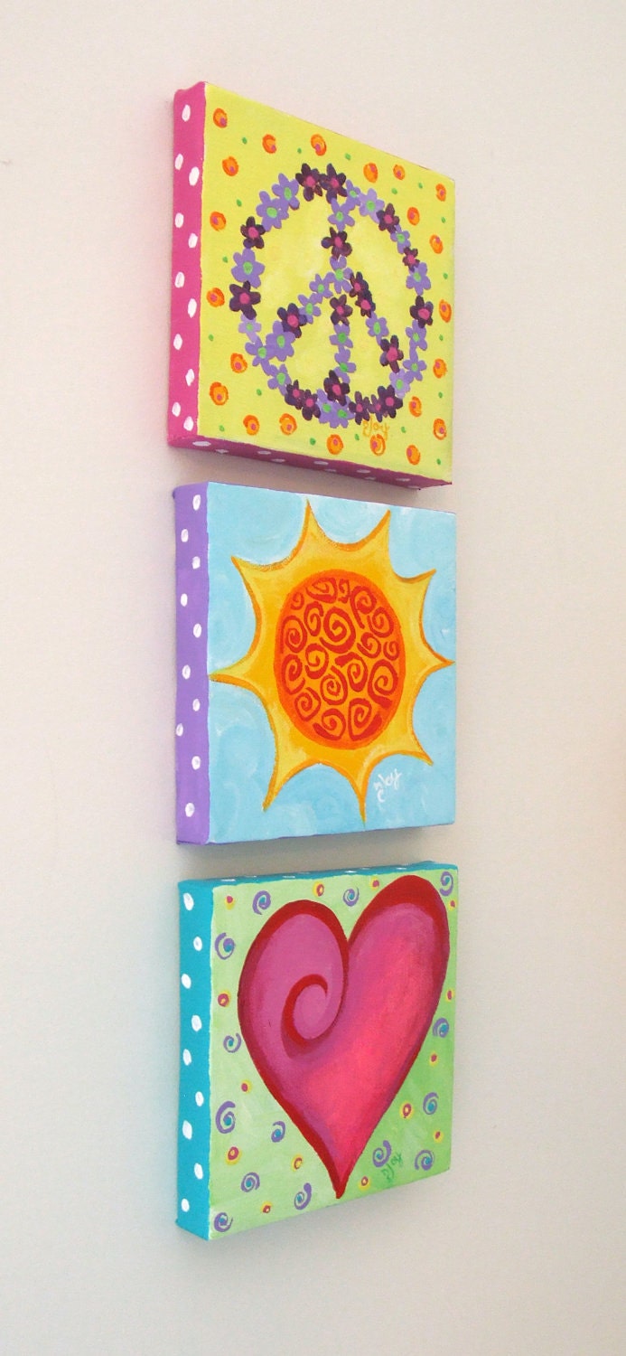 Girl's Room Decor PEACE LOVE & SUNSHINE, Three 5x5 acrylic canvas, Original Painting, Girls Room Wall Art, Nursery Decor, art for kids
