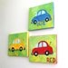 Wall Art for Children, COLORFUL CARS, Set of Three 8x10 original canvas paintings, Red, Yellow and Blue Car Art for kids rooms.