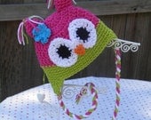 BABY or TODDLER Owl Earflap Hat -- Pink & Lime or Custom Colors -- Made to Order