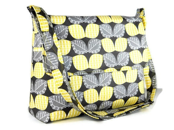 Messenger Bag Purse Cross Body Bag - Yellow and Gray Leaves - Larger with 8 Pockets