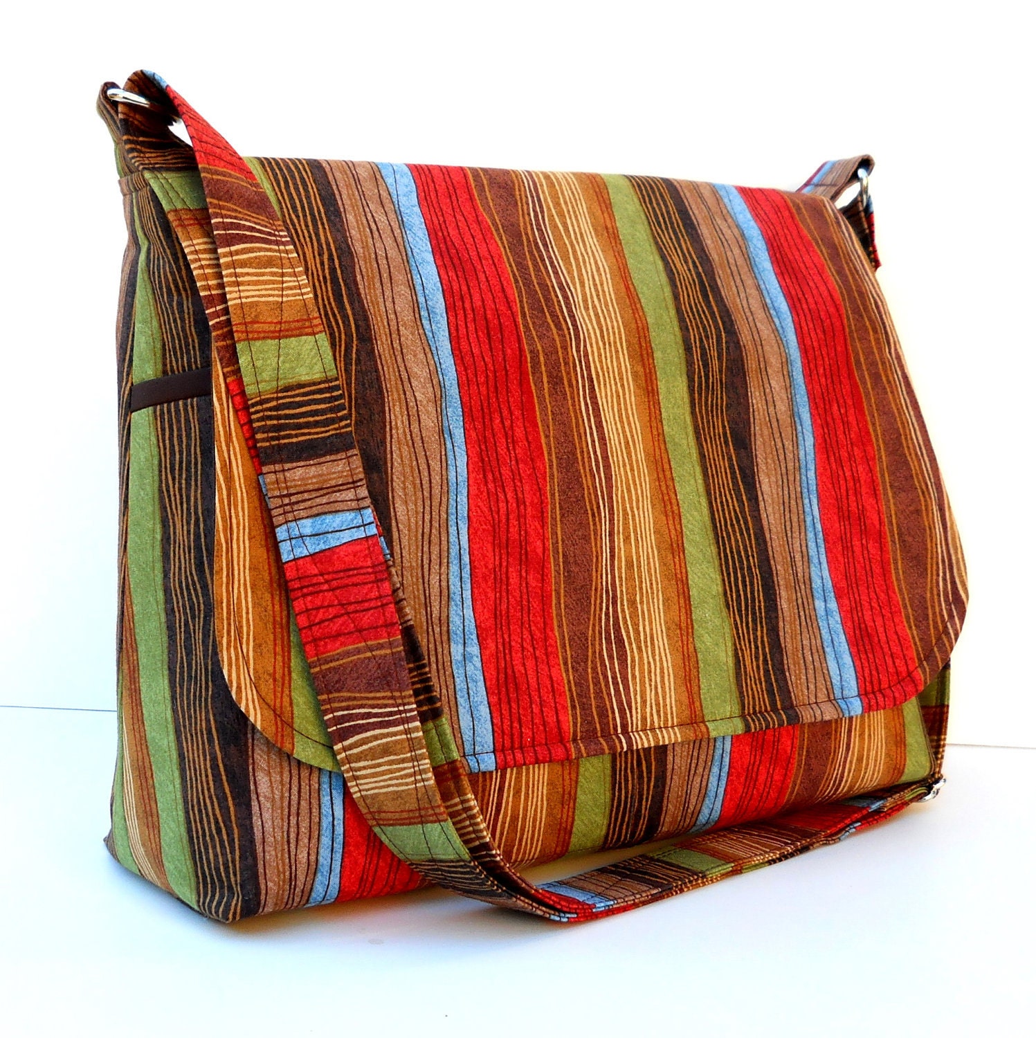 Messenger Bag Purse Cross Body Bag - Earth Tone Stripes in Brown, Red, Green and Blue, Adjustable Strap, Medium Size