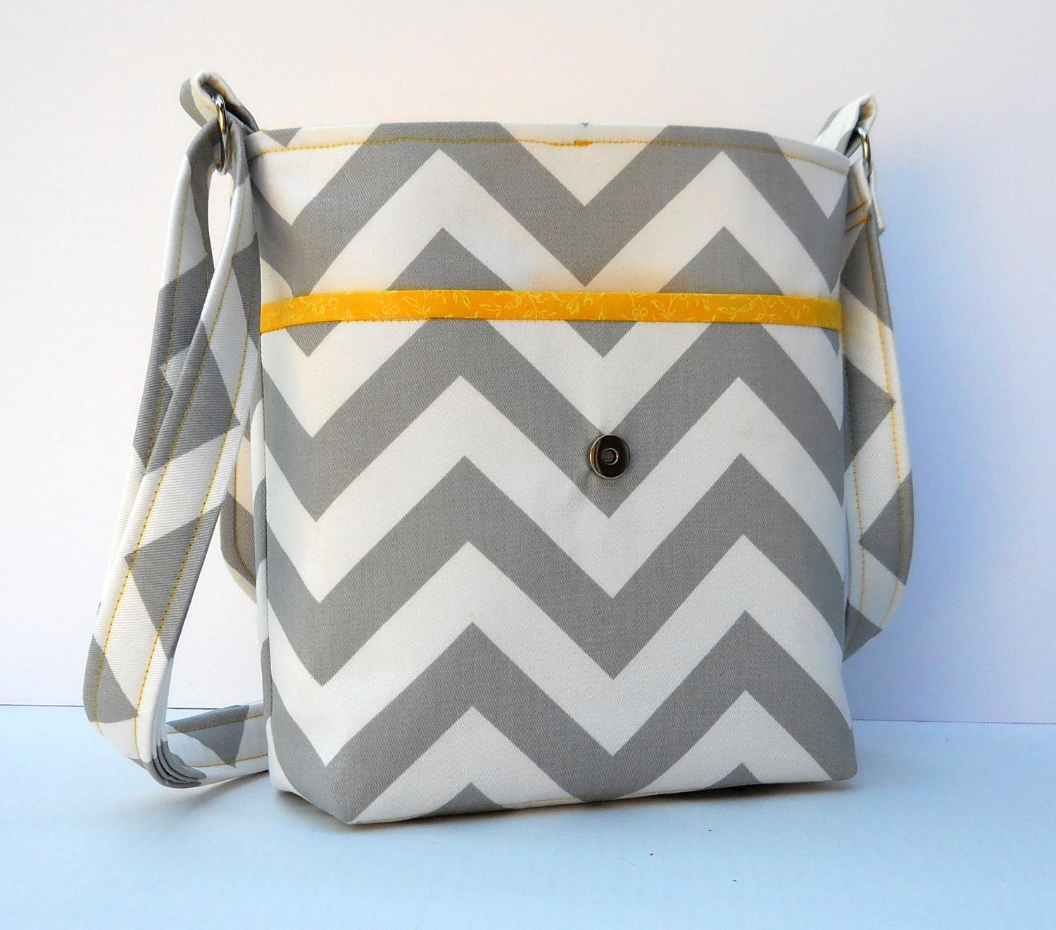 Small Messenger Bag Cross Body Shoulder Bag - Gray and White Chevron Zig Zag with Yellow