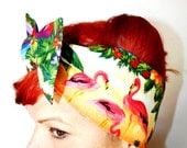 Bow style, Vintage Inspired Head Scarf, Pink Flamingos, Retro, Trailer Park, Rockabilly, Hawaiian, 1950s