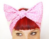 Bow style, Vintage Inspired Head Scarf, Pink with Polka Dots