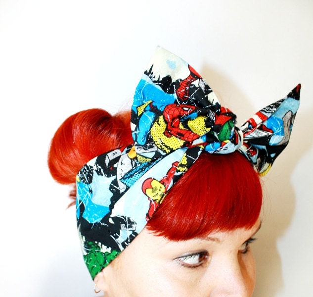 Bow hair tie, Vintage Inspired Head Scarf, Comic book, The Avengers, Thor, Iron Man, The Hulk,