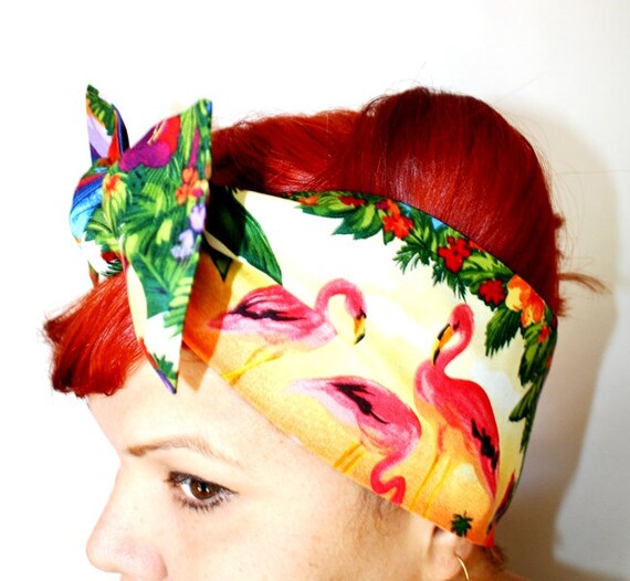 Bow style, Vintage Inspired Head Scarf, Pink Flamingos, Retro, Trailer Park, Rockabilly, Hawaiian, 1950s