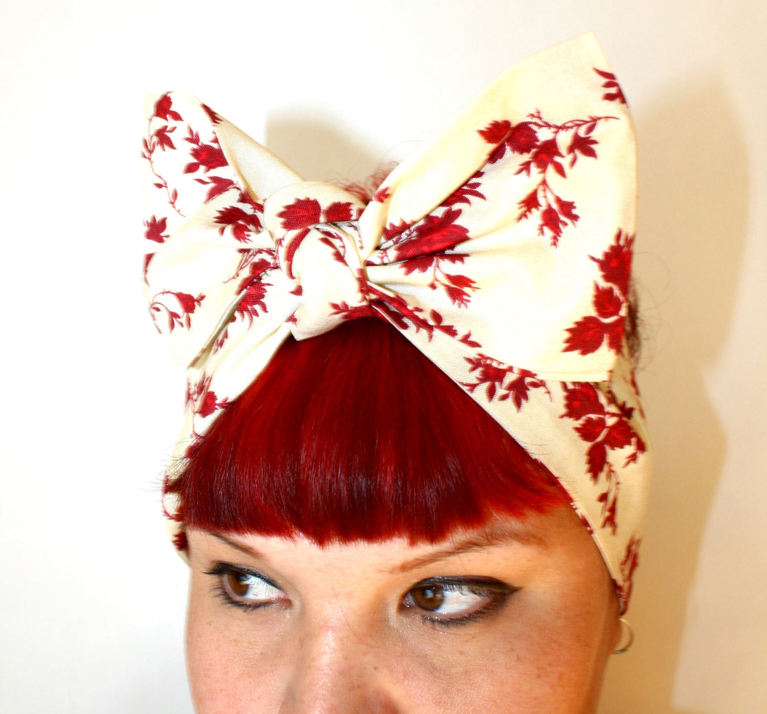 Bow hair tie, Vintage Inspired Head Scarf, Roses, Retro, Rockabilly